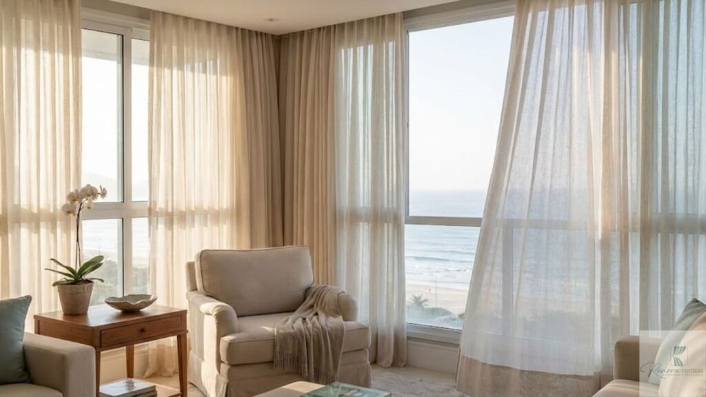 Fotografia realista de uma sala de estar luxuosa com vista para o mar, destacando cortinas claras de tecido nobre filtrando a luz do sol. A imagem ilustra a constante exposição das fibras naturais ao clima litorâneo, reforçando a importância da lavagem de cortinas em Itapema para proteger a decoração de alto padrão contra a oxidação, os raios UV e os danos causados pela maresia.