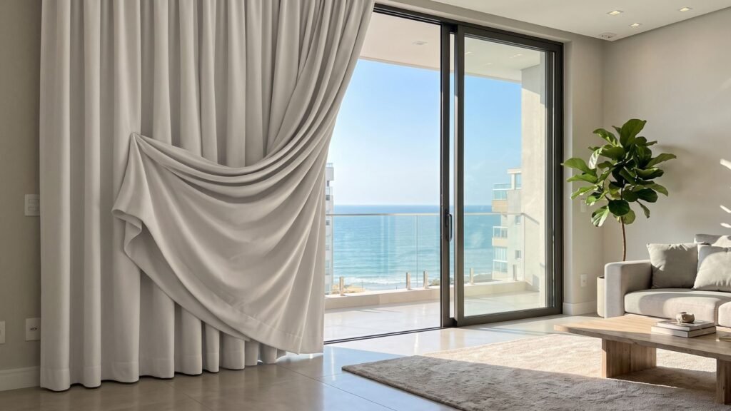Fotografia realista de uma sala de estar moderna com vista para o mar em Itapema, destacando uma cortina blackout branca com forro térmico que protege o ambiente do sol forte do litoral.