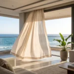 Fotografia realista de uma cortina de linho esvoaçando com a brisa do mar em um apartamento luxuoso de Itapema, ilustrando a exposição aos raios UV e à maresia.
