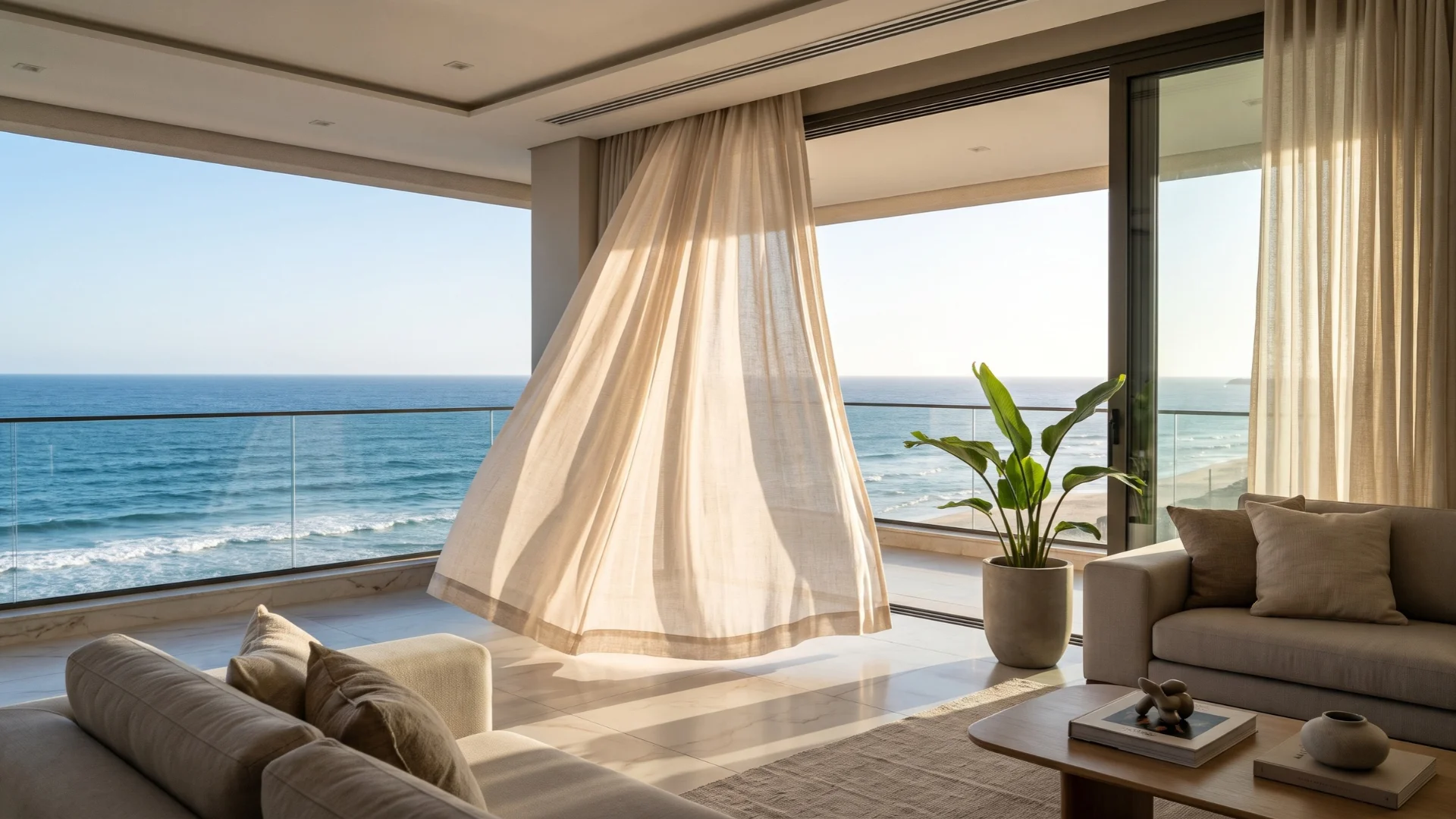 Fotografia realista de uma cortina de linho esvoaçando com a brisa do mar em um apartamento luxuoso de Itapema, ilustrando a exposição aos raios UV e à maresia.